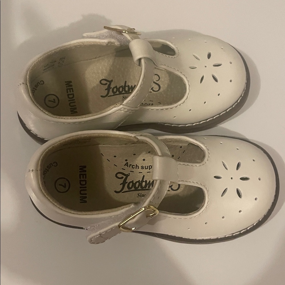 FootMates Cream T-Strap Baby Shoes with Gold Buckle